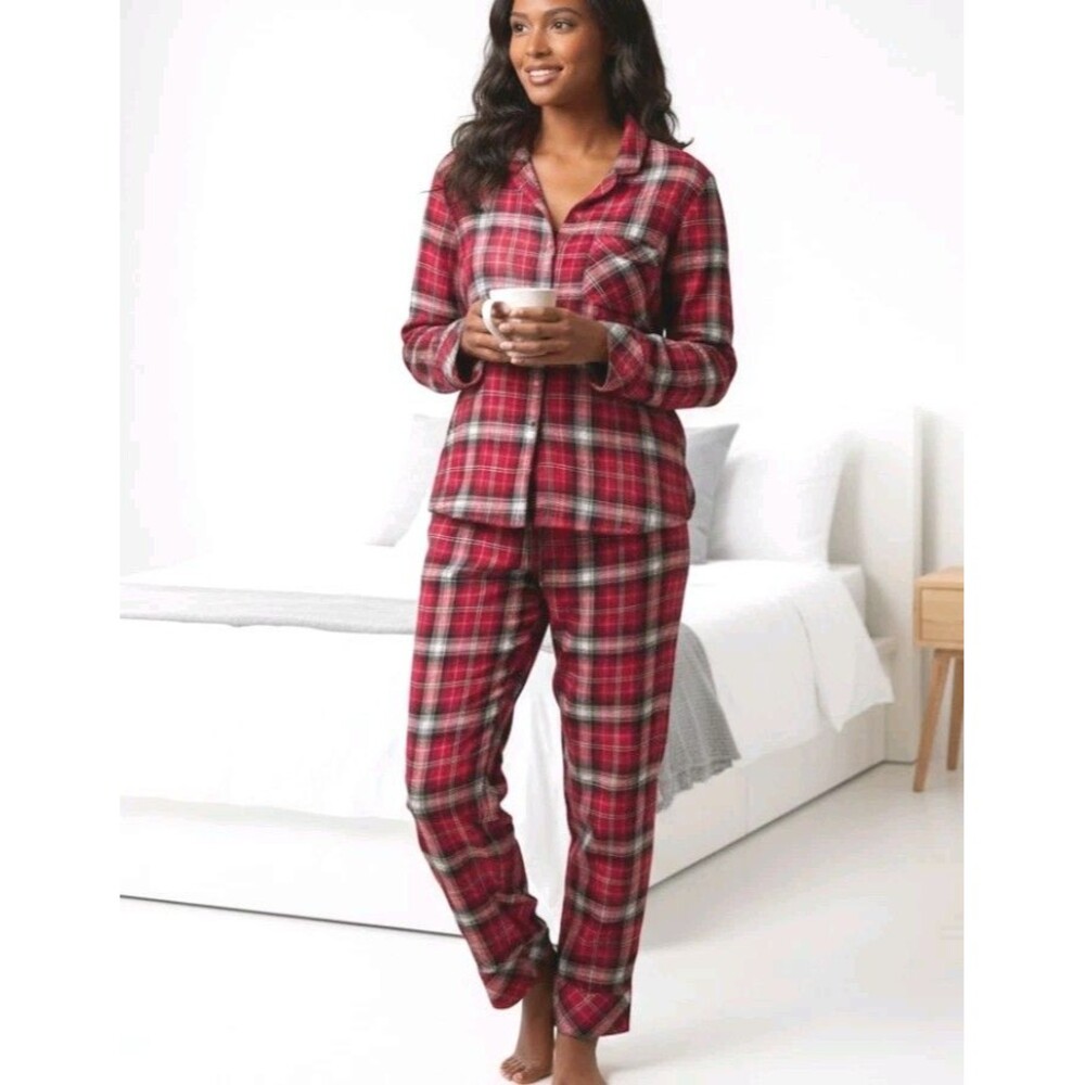 Victoria’s Secret Size L Flannel Pajama Set Red Plaid Lurex Sparkle Cozy Lounge